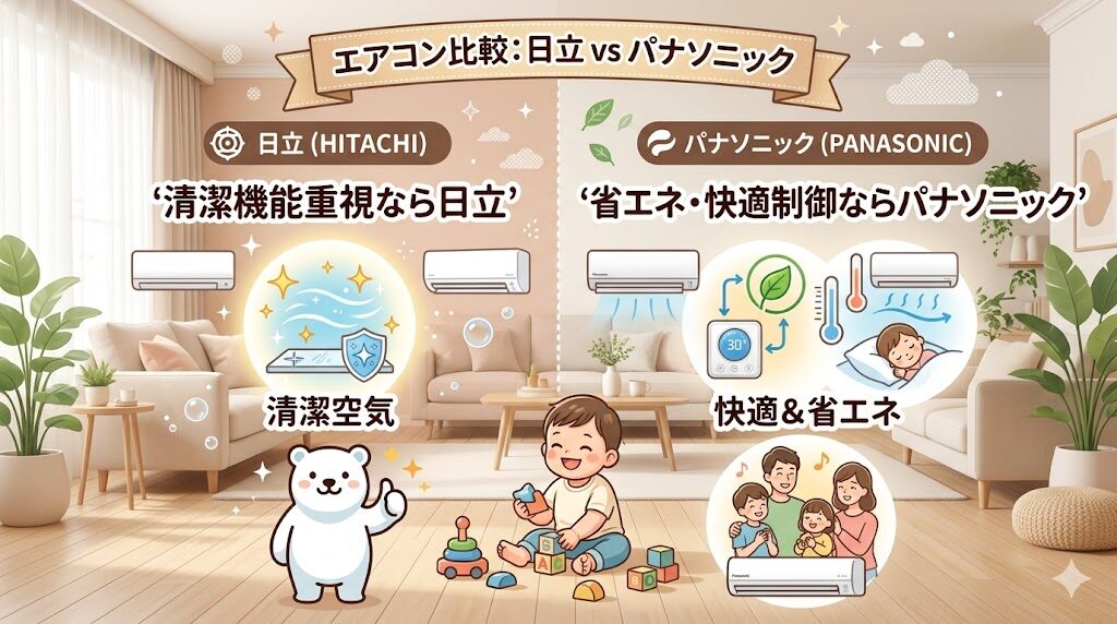 清潔機能重視なら日立、省エネ・快適制御重視ならパナソニックのエアコンがおすすめです。