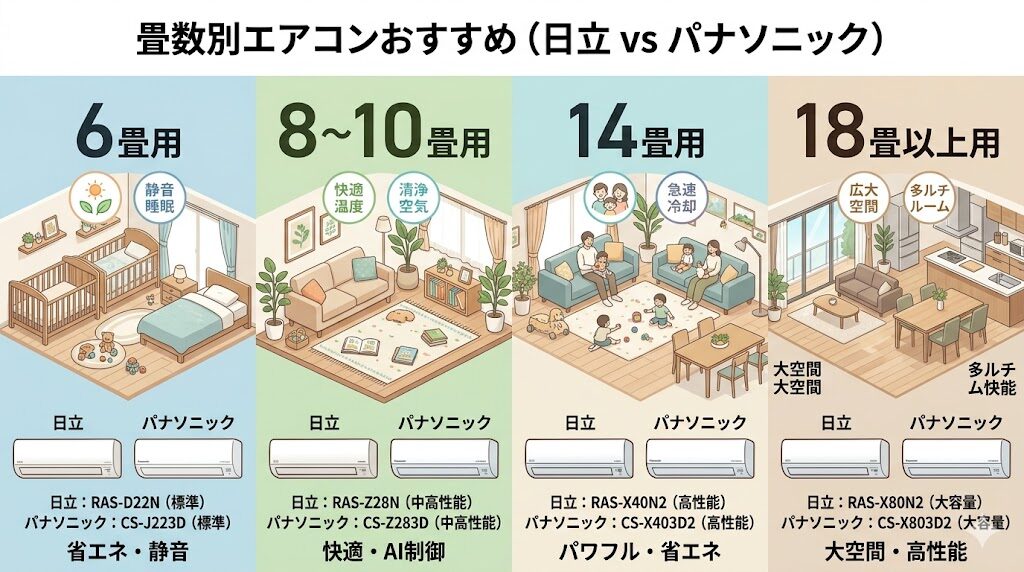 日立とパナソニックのエアコン畳数別のおすすめモデル