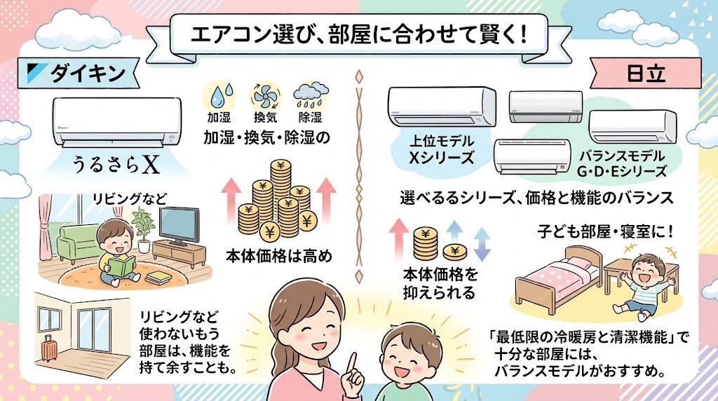 価格帯（ダイキンの上位モデルは高め・日立は価格と機能のバランスが取れるシリーズあり）