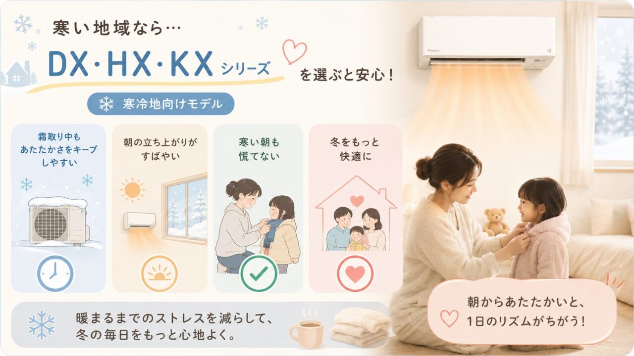 エアコンは寒い地域ならDX・HX・KXシリーズのような寒冷地向けを優先する