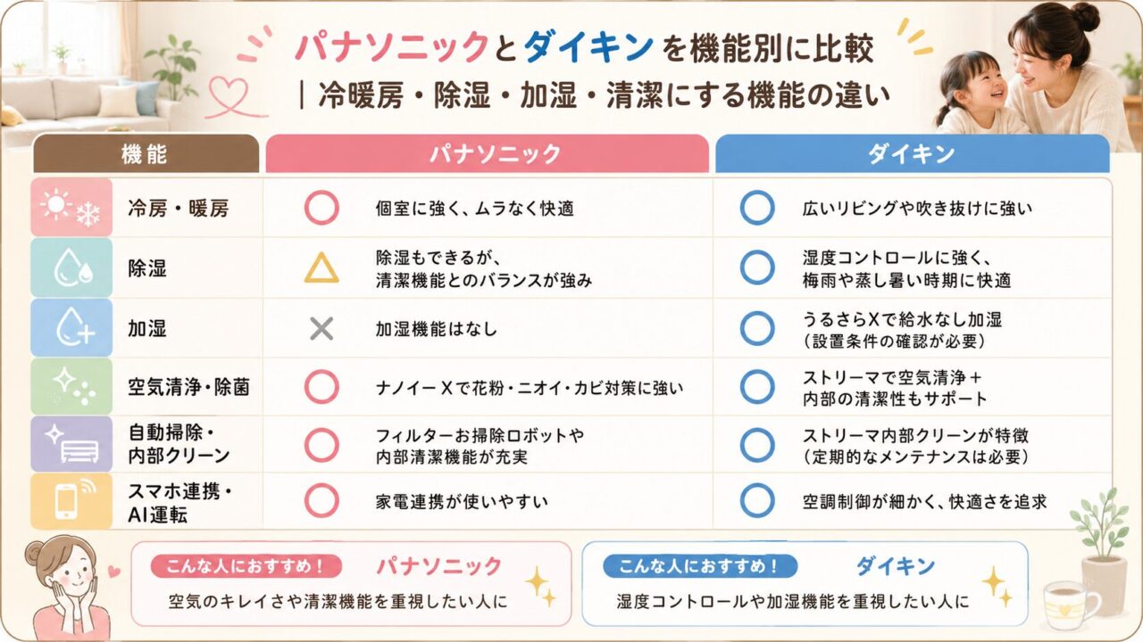 パナソニックとダイキンのエアコン機能別比較