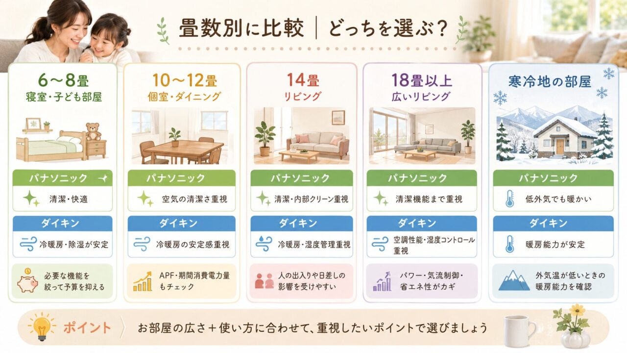 パナソニックとダイキンのエアコンを畳数別に比較