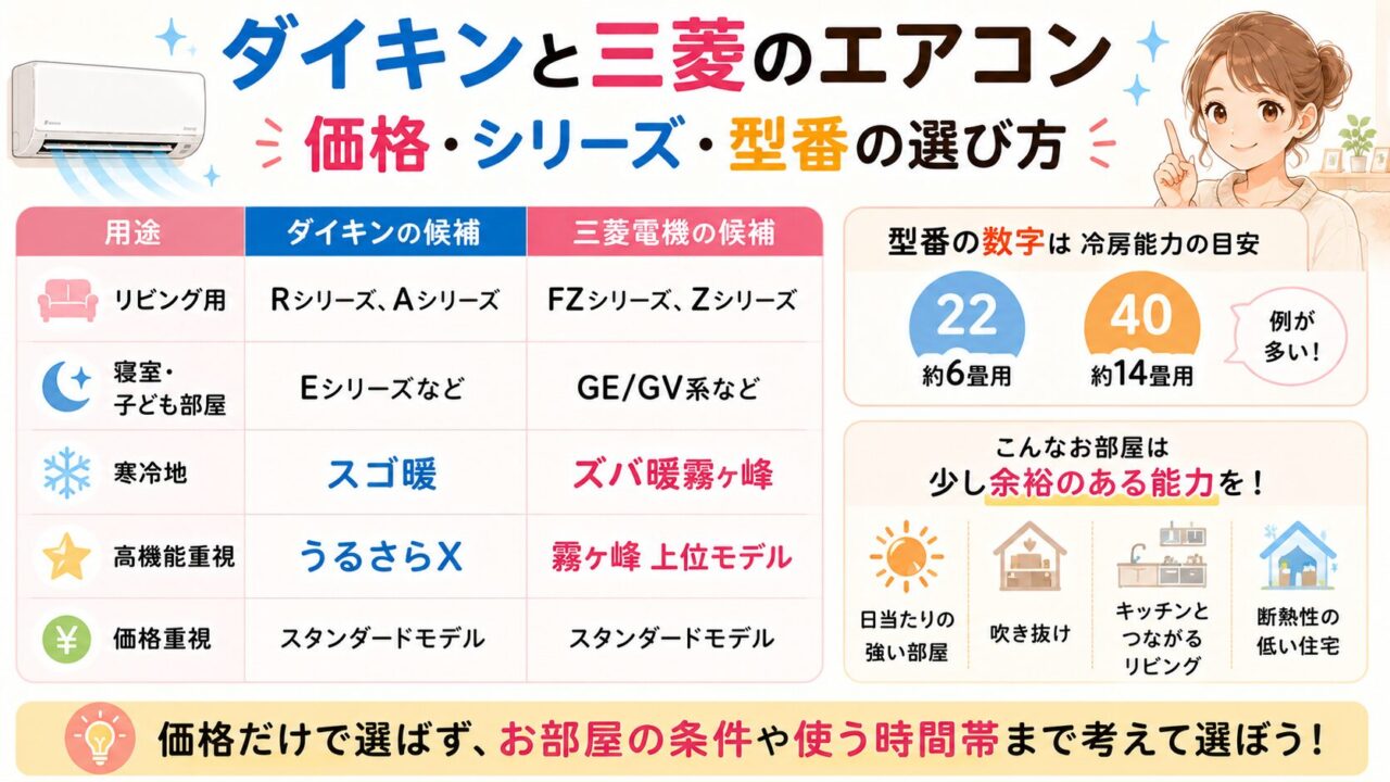 ダイキンと三菱のエアコン|価格・シリーズ・型番の選びかた