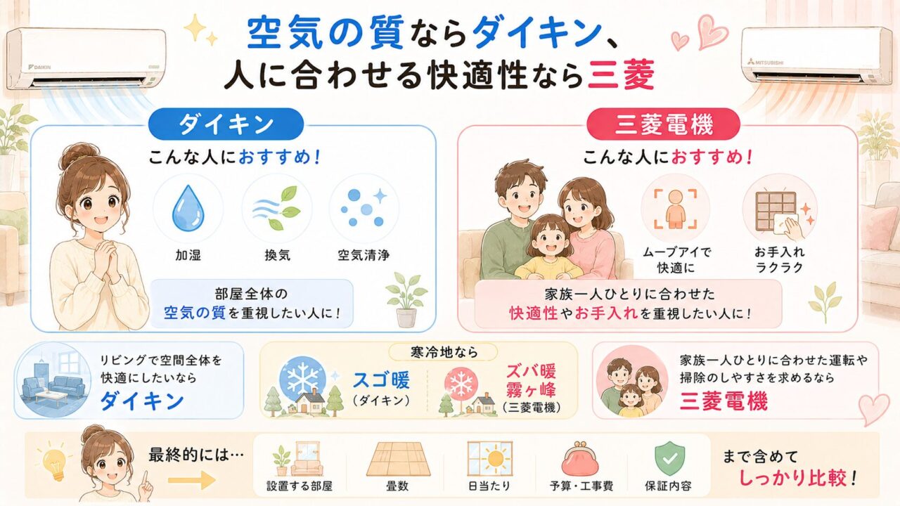 ダイキンと三菱エアコンはどっちがいい?違いや機能を徹底比較