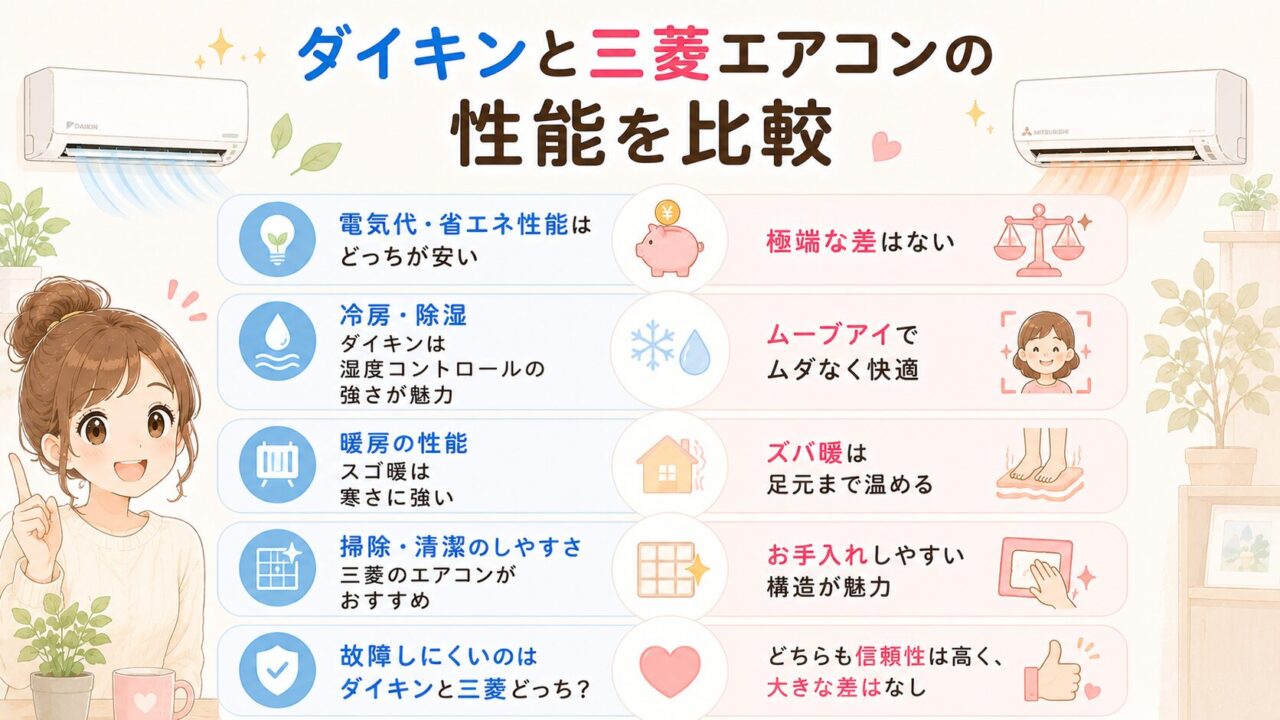 ダイキンと三菱エアコンの性能を比較