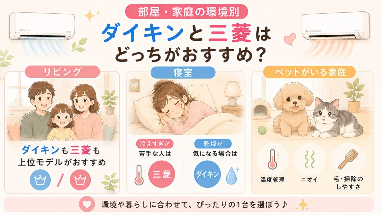 部屋・家庭の環境別|ダイキンと三菱はどっちがおすすめ?