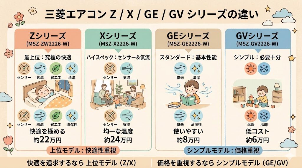 三菱エアコンのZ・X・GE・GVシリーズ比較