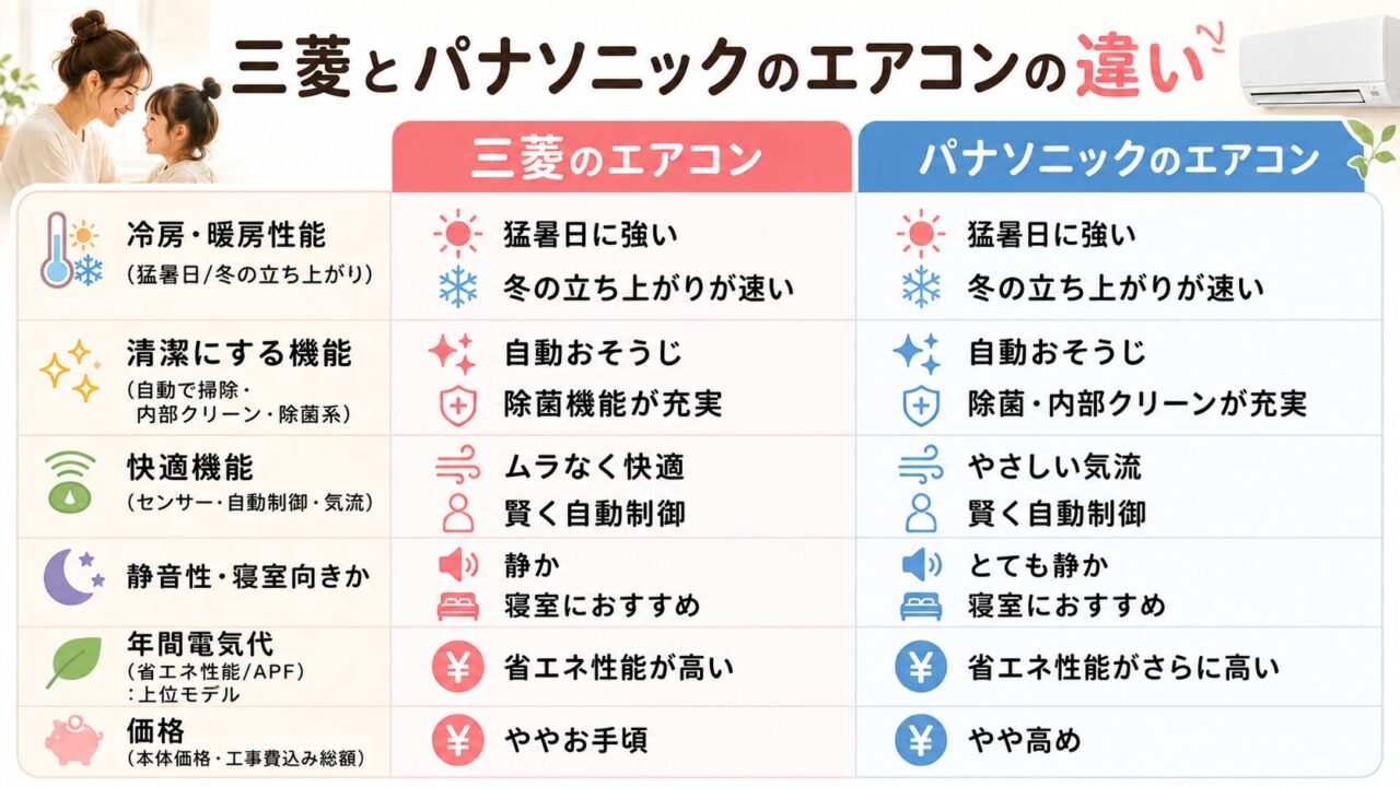 三菱とパナソニックのエアコンの違い比較