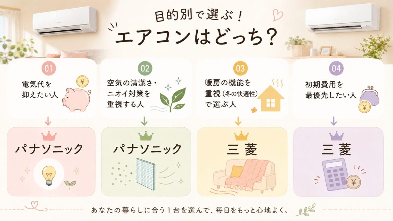 目的別に選ぶ三菱とパナソニックのエアコン比較