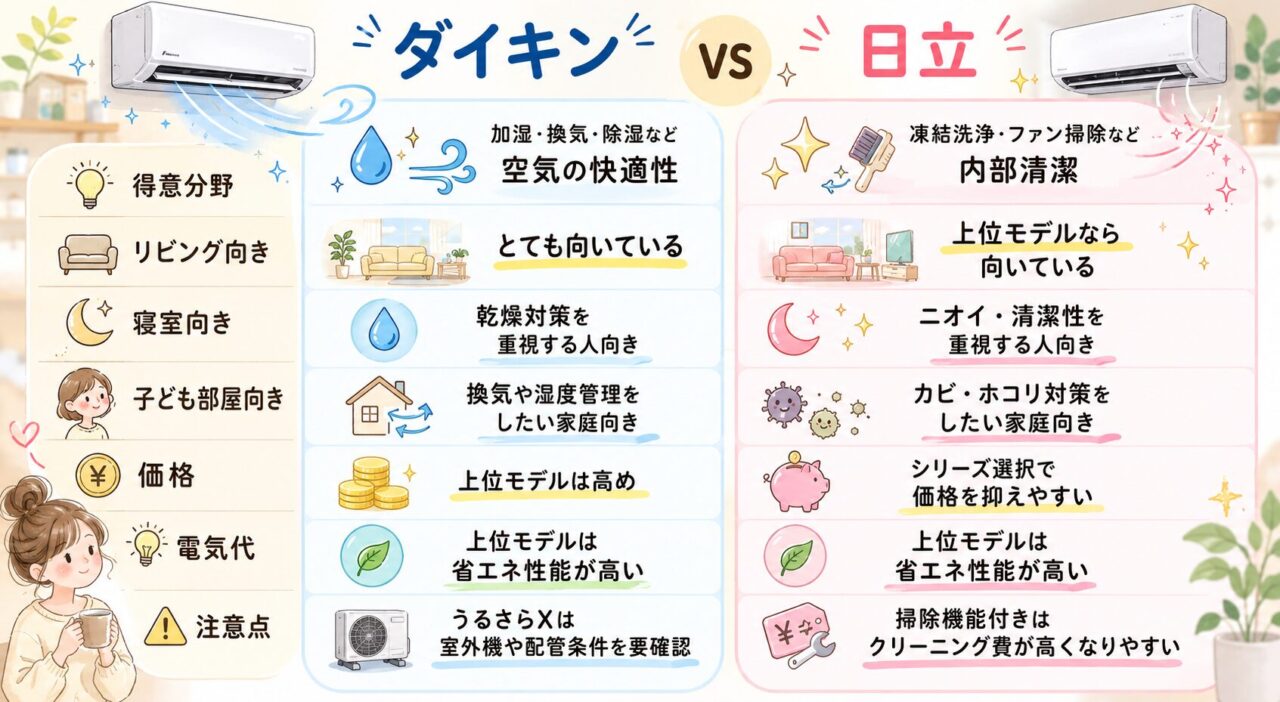 ダイキン・日立のエアコンで迷ったときの早見表