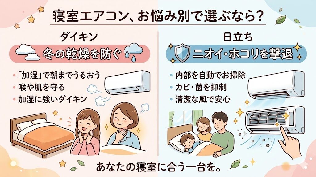 寝室：乾燥がつらい人はダイキン・ニオイや内部汚れが気になる人は日立
