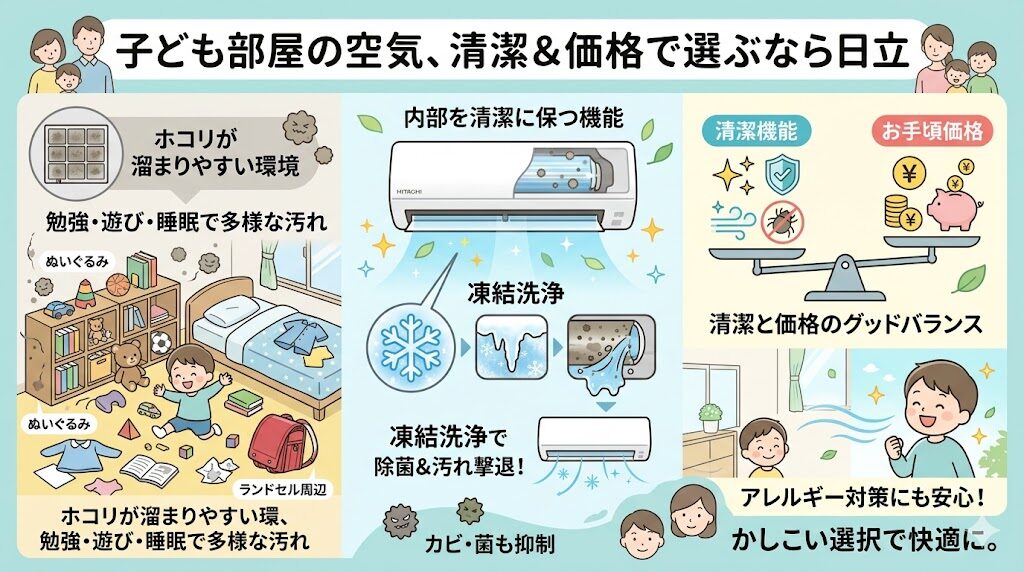 子ども部屋：清潔機能と価格のバランスを取りやすい日立