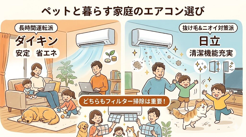 ペットがいる家庭：長時間運転ならダイキン・抜け毛やニオイ対策なら日立