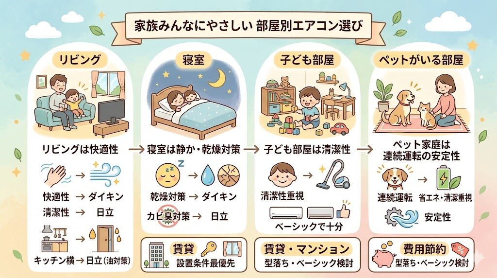 部屋別おすすめ：リビング・寝室・子ども部屋・ペットのいる家庭