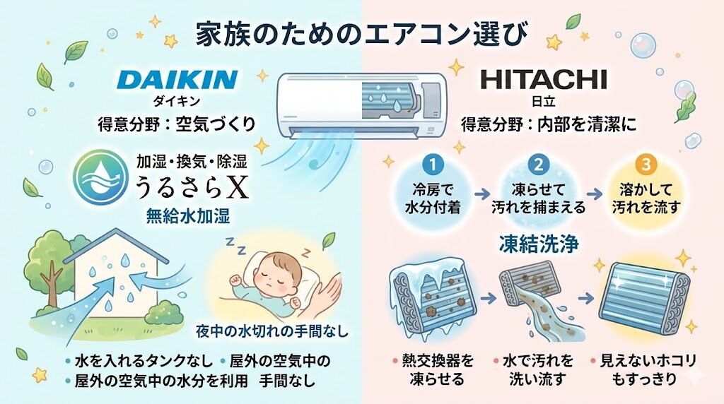 得意分野と機能（ダイキンは空気づくり・日立は内部を清潔にする機能）
