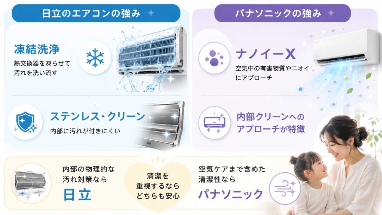 清潔にする機能：日立は凍結洗浄、パナソニックはナノイーX