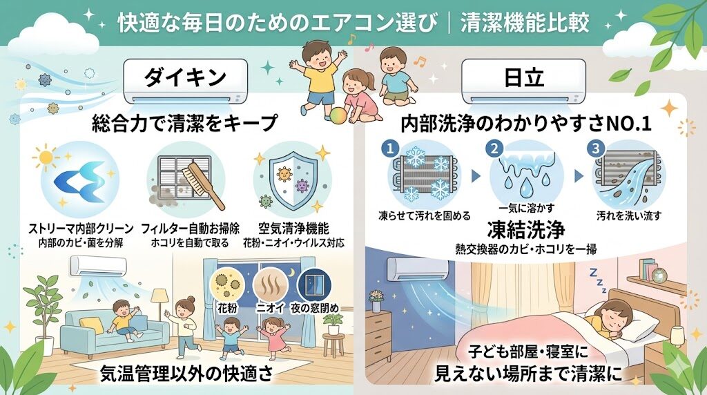 清潔にする機能（内部洗浄のわかりやすさでは日立・総合力ではダイキン）