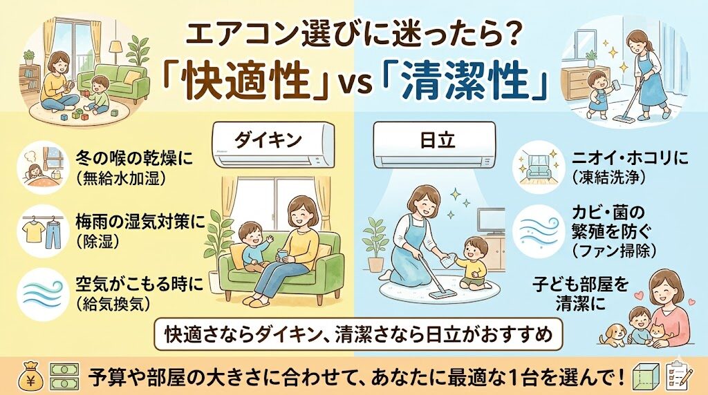 結論：快適性ならダイキン、清潔性なら日立が選びやすい