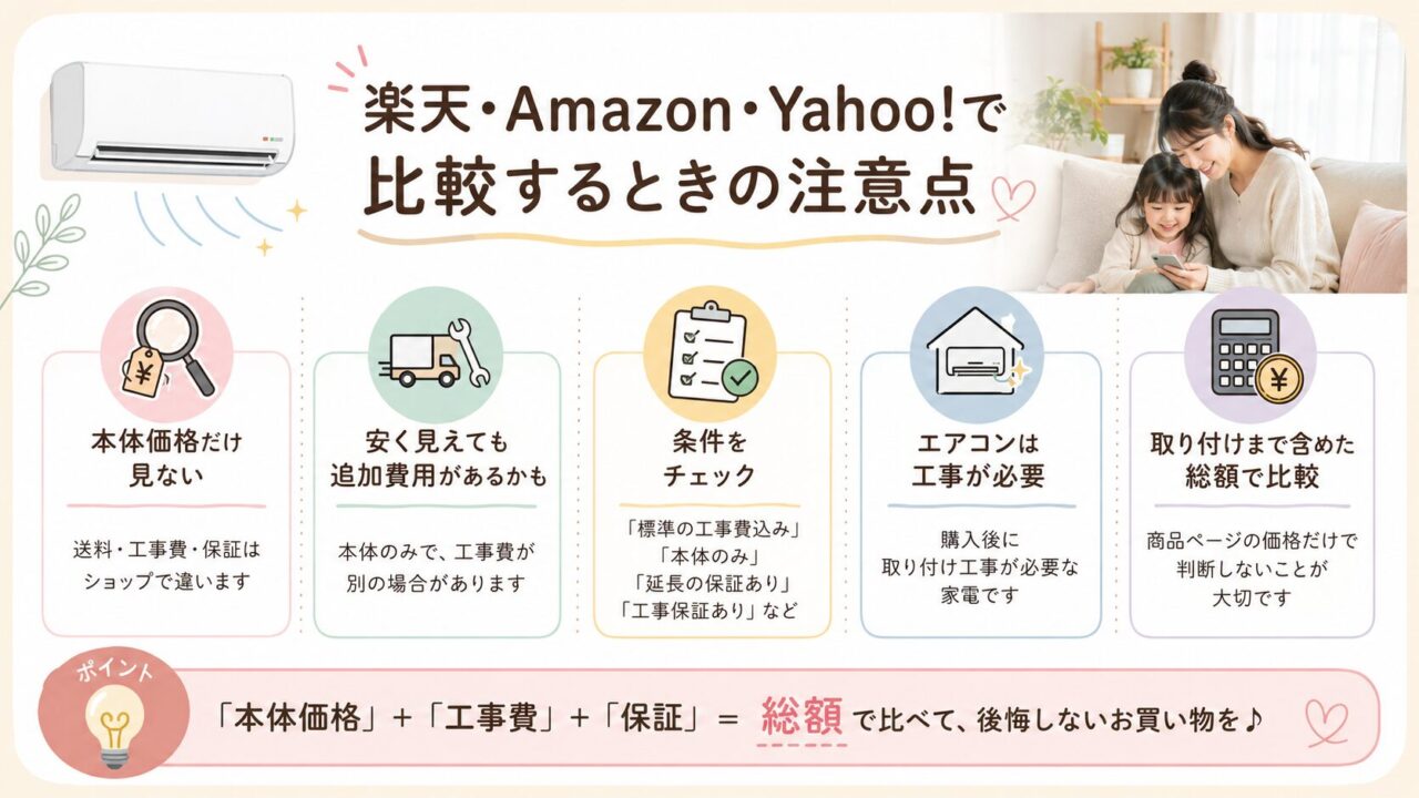 楽天・Amazon・Yahoo!でエアコンを比較するときの注意点