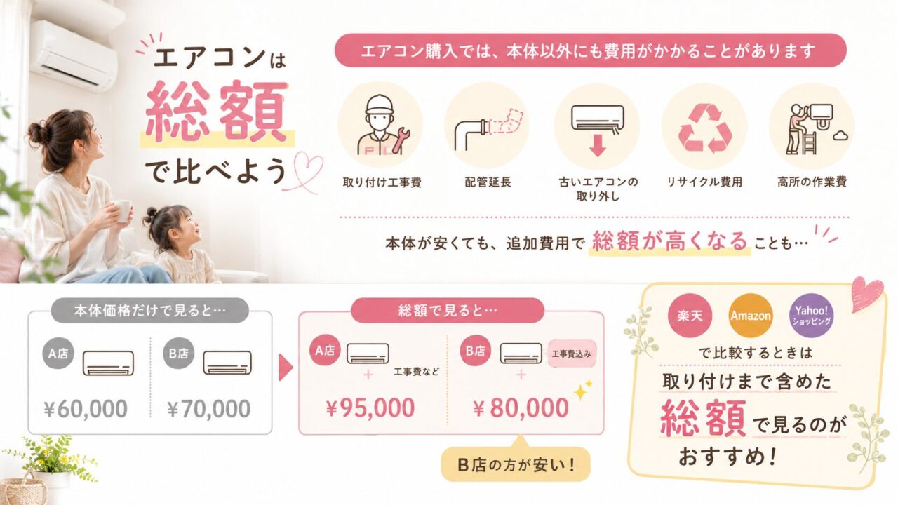 エアコン本体代や工事費を含めた総額の違いを比較
