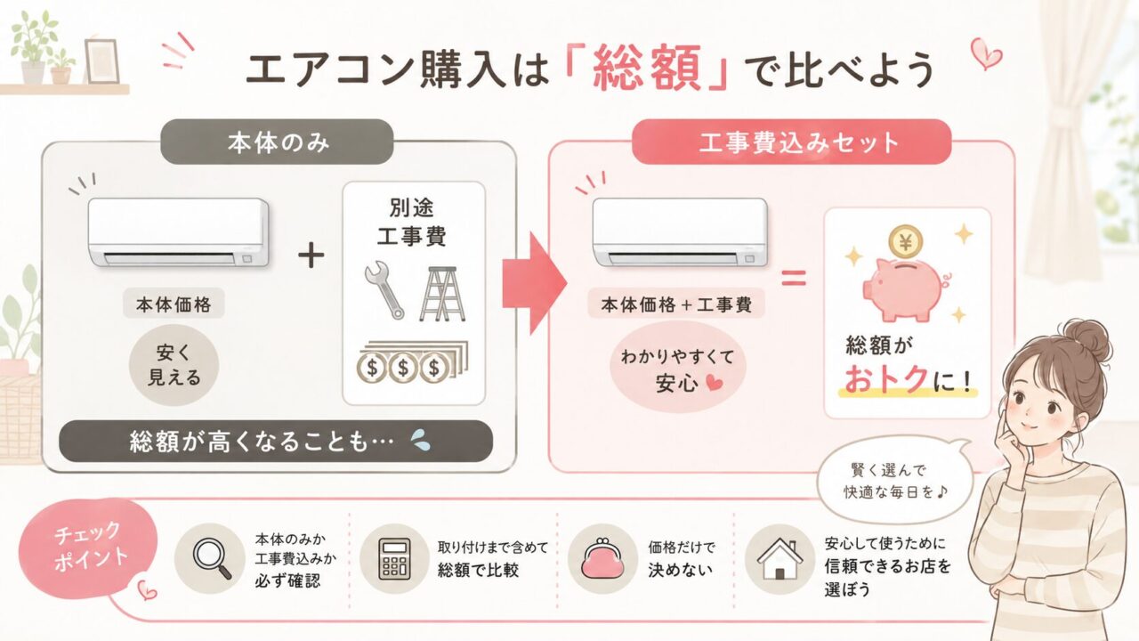 エアコン購入時に本体のみと工事費込み価格を比較する図