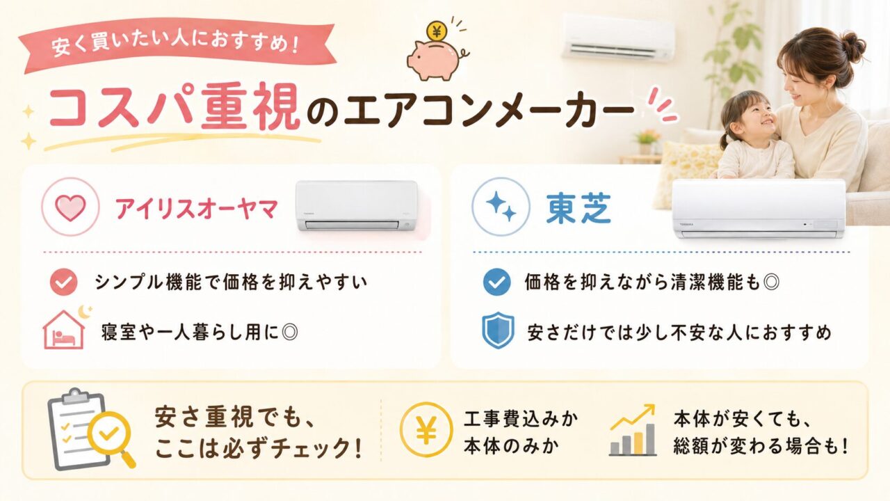 コスパ重視のエアコンメーカーをアイリスオーヤマや東芝で比較
