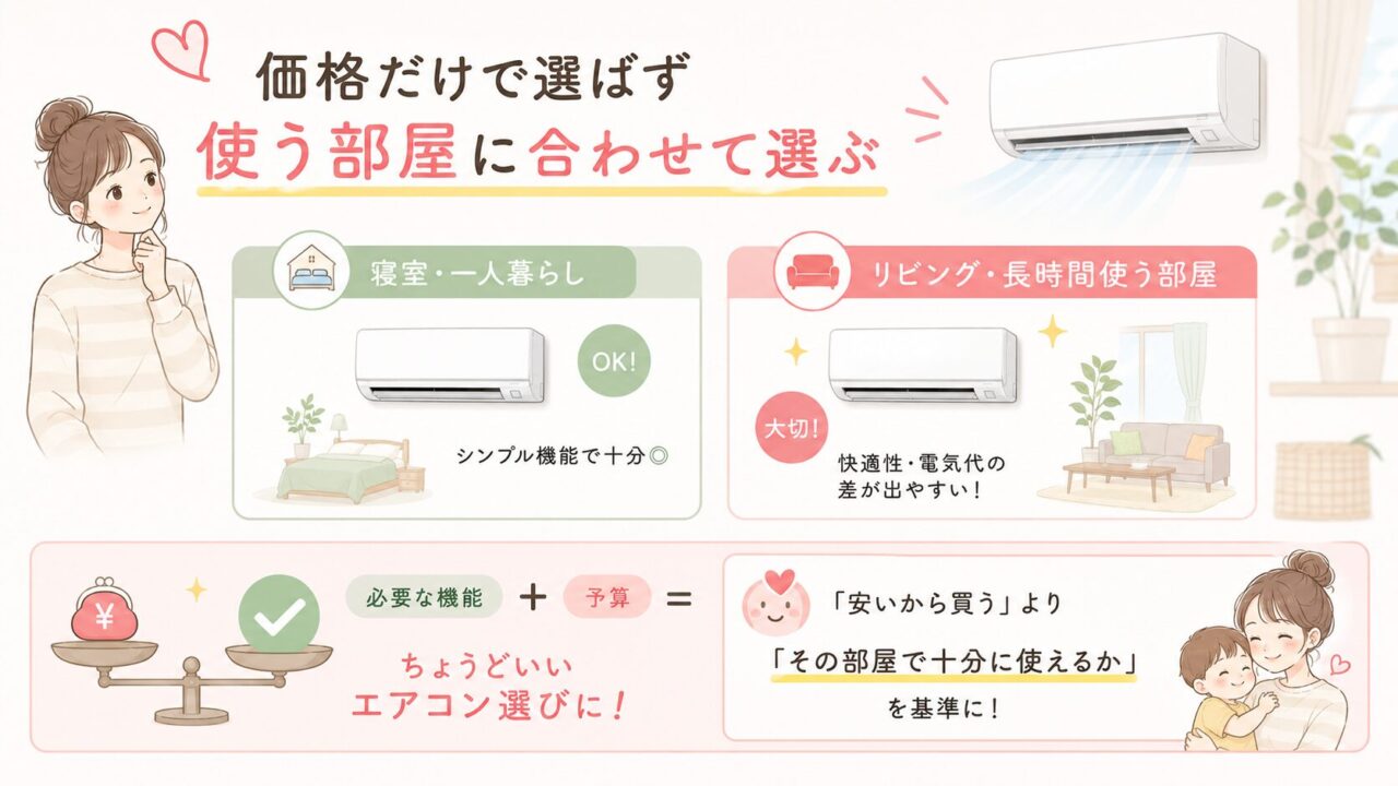 価格だけでなく使う部屋に合わせたエアコンの違いを比較