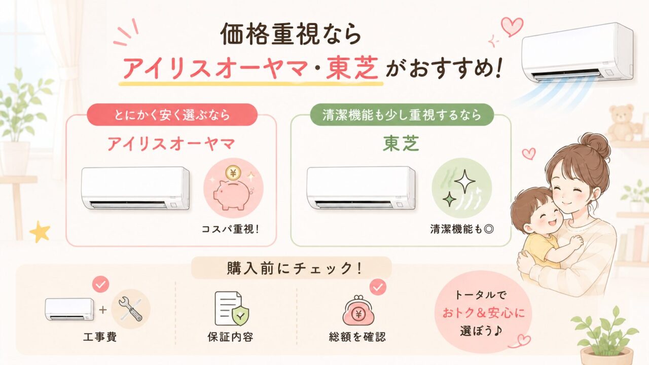 価格重視ならアイリスオーヤマと東芝エアコンを比較して選ぶ