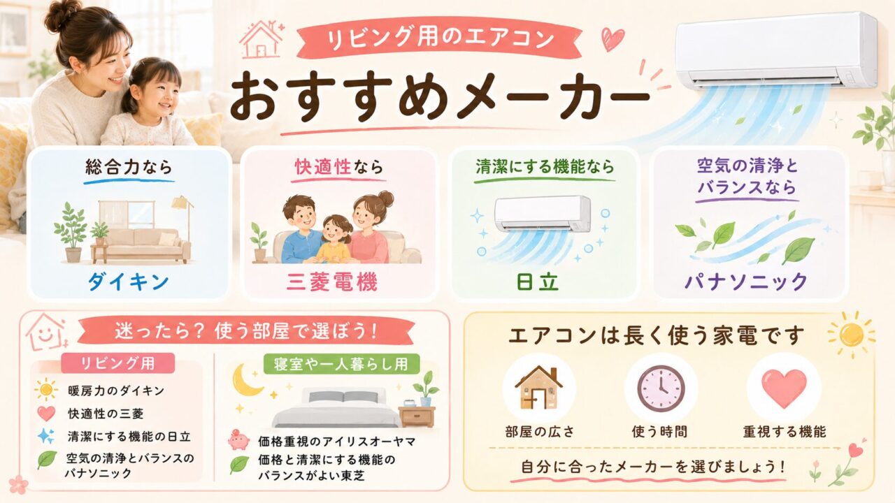 リビング用エアコンにおすすめのメーカーと違いを比較