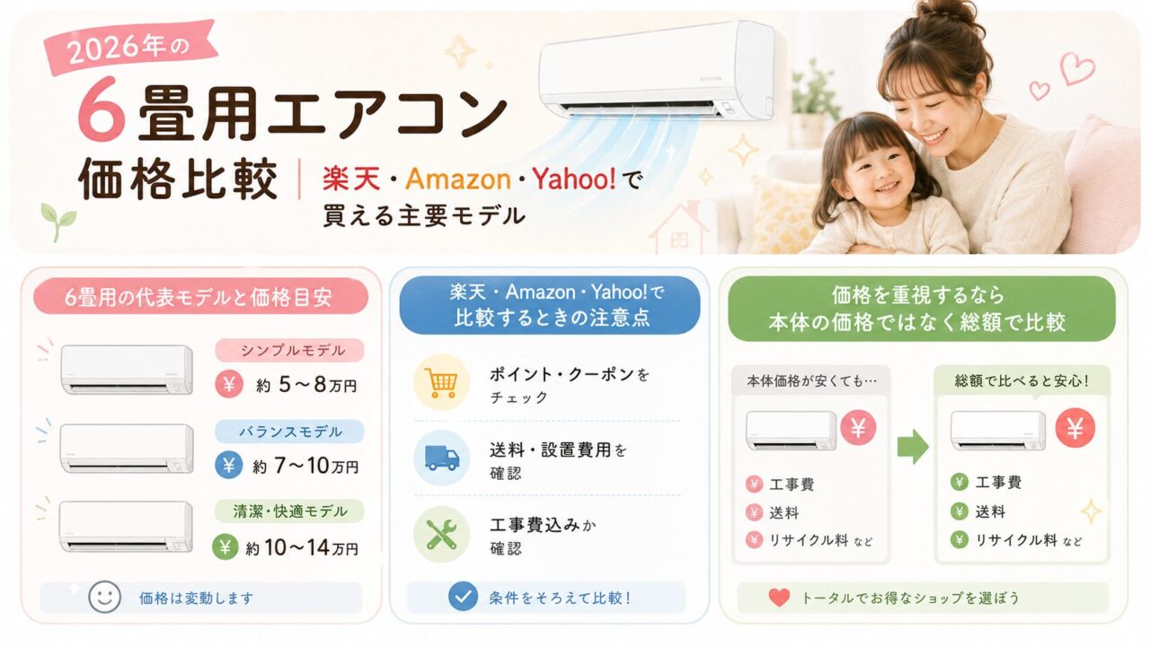 6畳用エアコンの価格と購入先の違いを比較した選び方