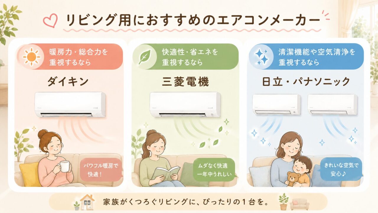 リビング用エアコンにおすすめのダイキン・三菱・パナソニック比較