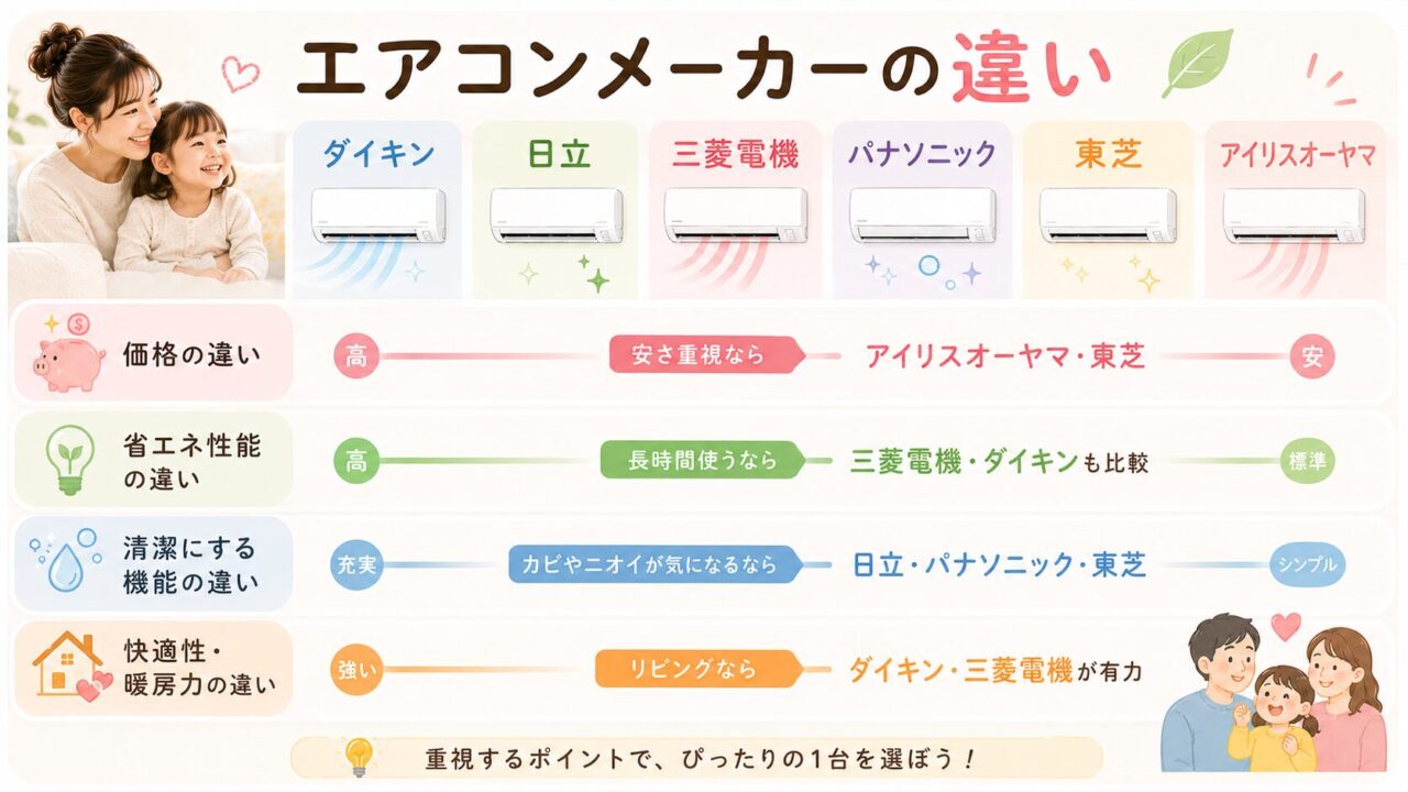 ダイキン・日立・三菱などエアコンメーカーの違いを比較した図