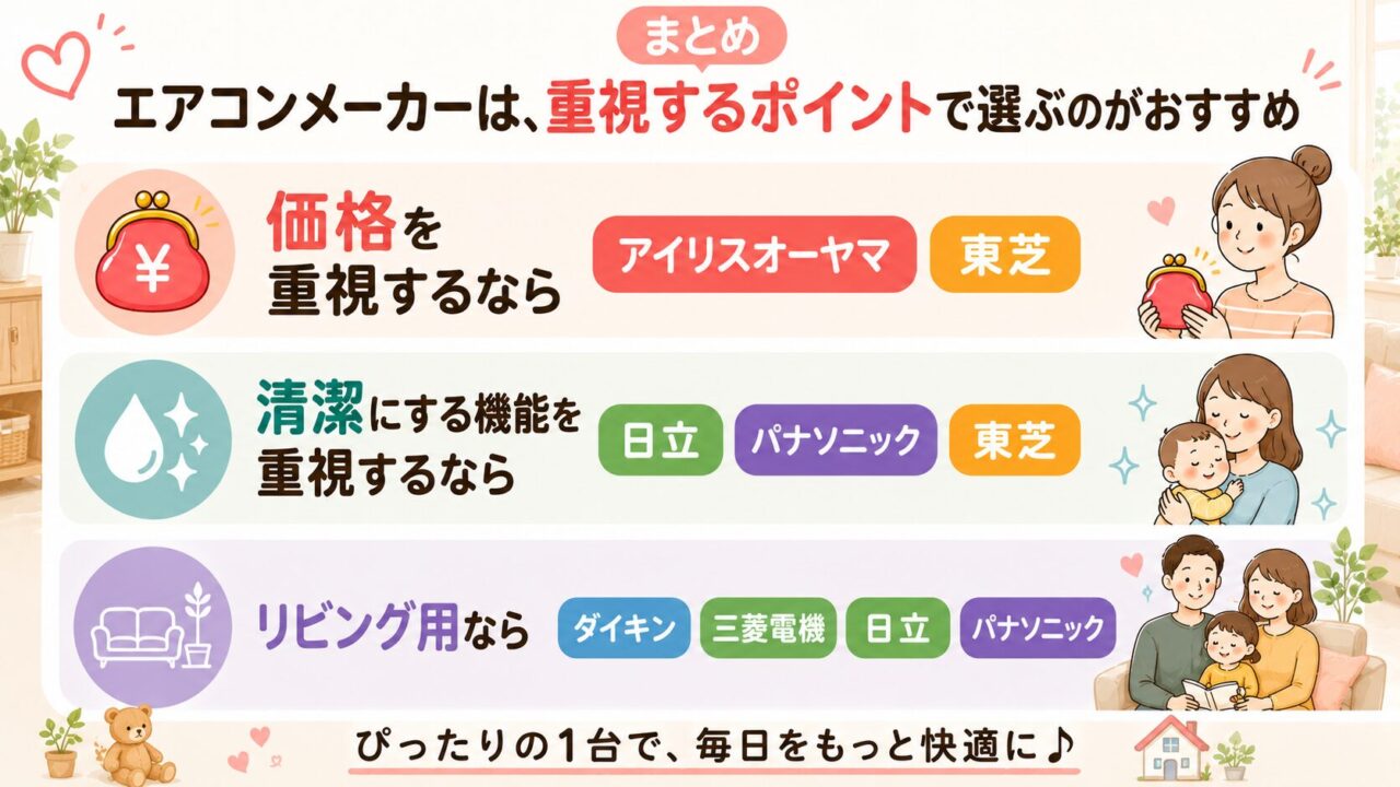 価格・清潔・リビング用途別にエアコンメーカーの違いを比較