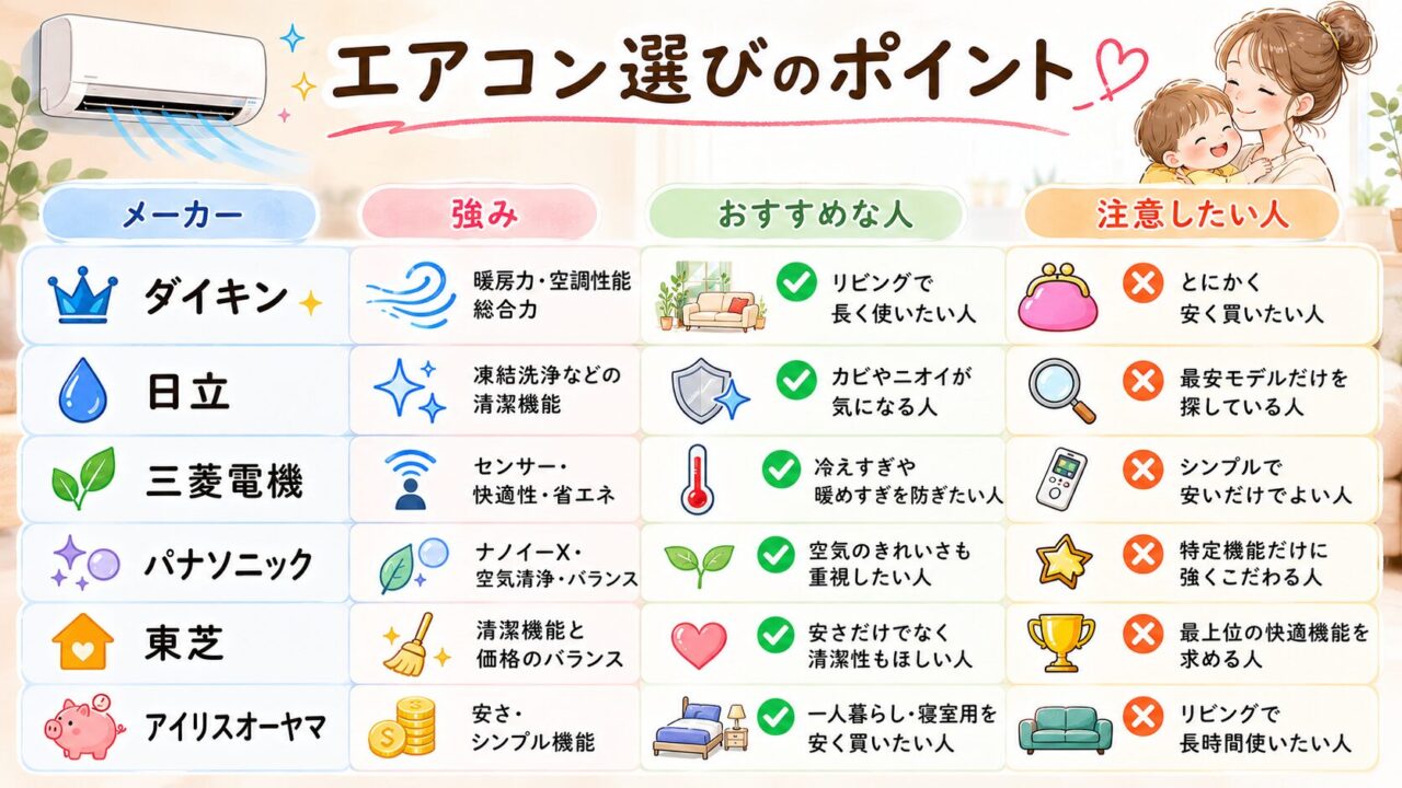 主要メーカーのエアコン選びのポイントとおすすめタイプを比較した表