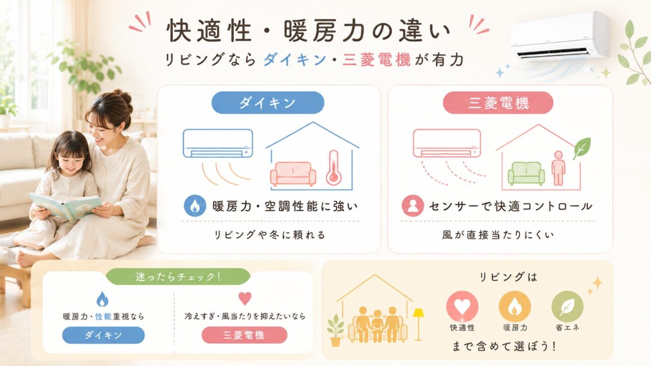 ダイキンと三菱電機のエアコン快適性や暖房力の違いを比較