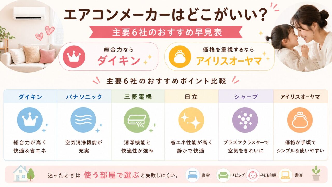 エアコンメーカーはどこがいい？主要6社のおすすめ早見表