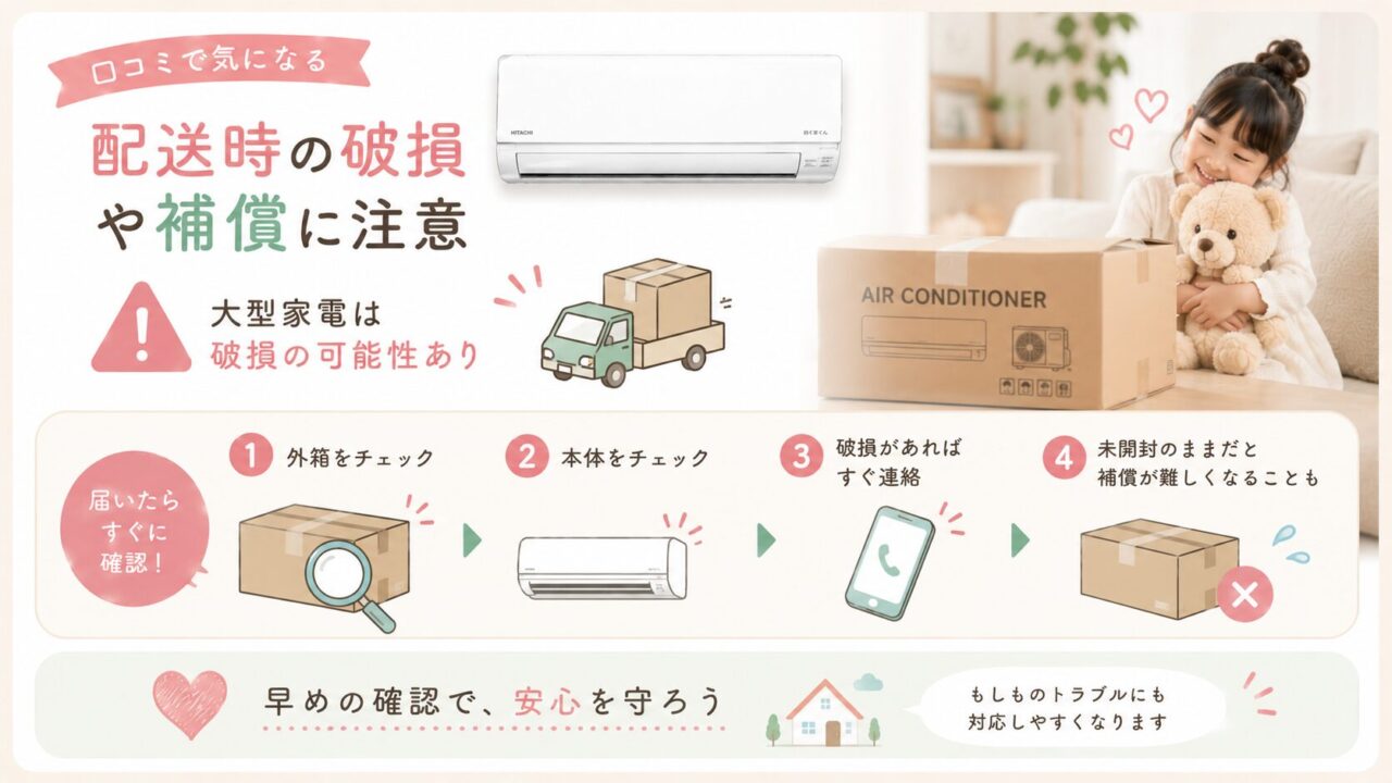 白くまくん RAS-AJ2225S(W)のnの口コミ：配送時の破損や補償