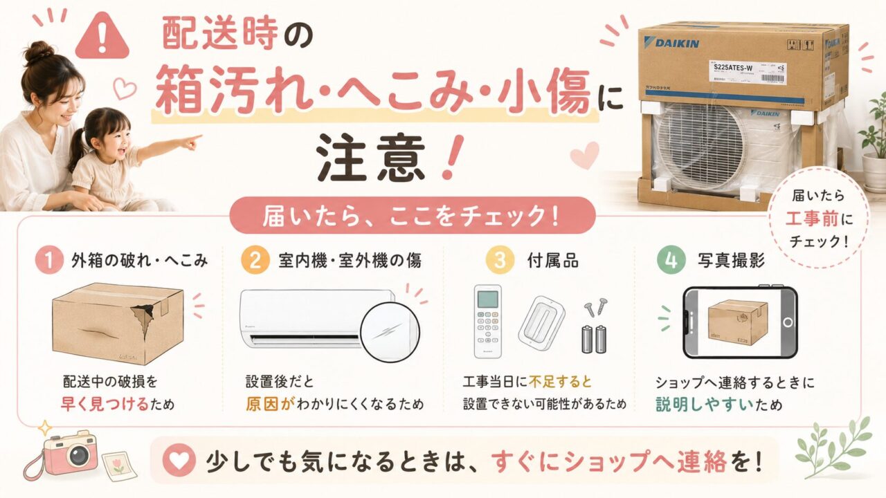 ダイキンS225ATES-Wの口コミ・評判レビューで見る配送時の箱汚れや小傷の注意点