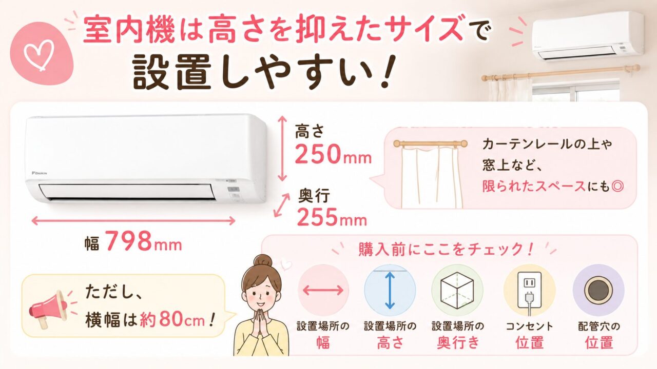 ダイキンのエアコンS225ATES-Wの室内機は高さを抑えたサイズで設置しやすい