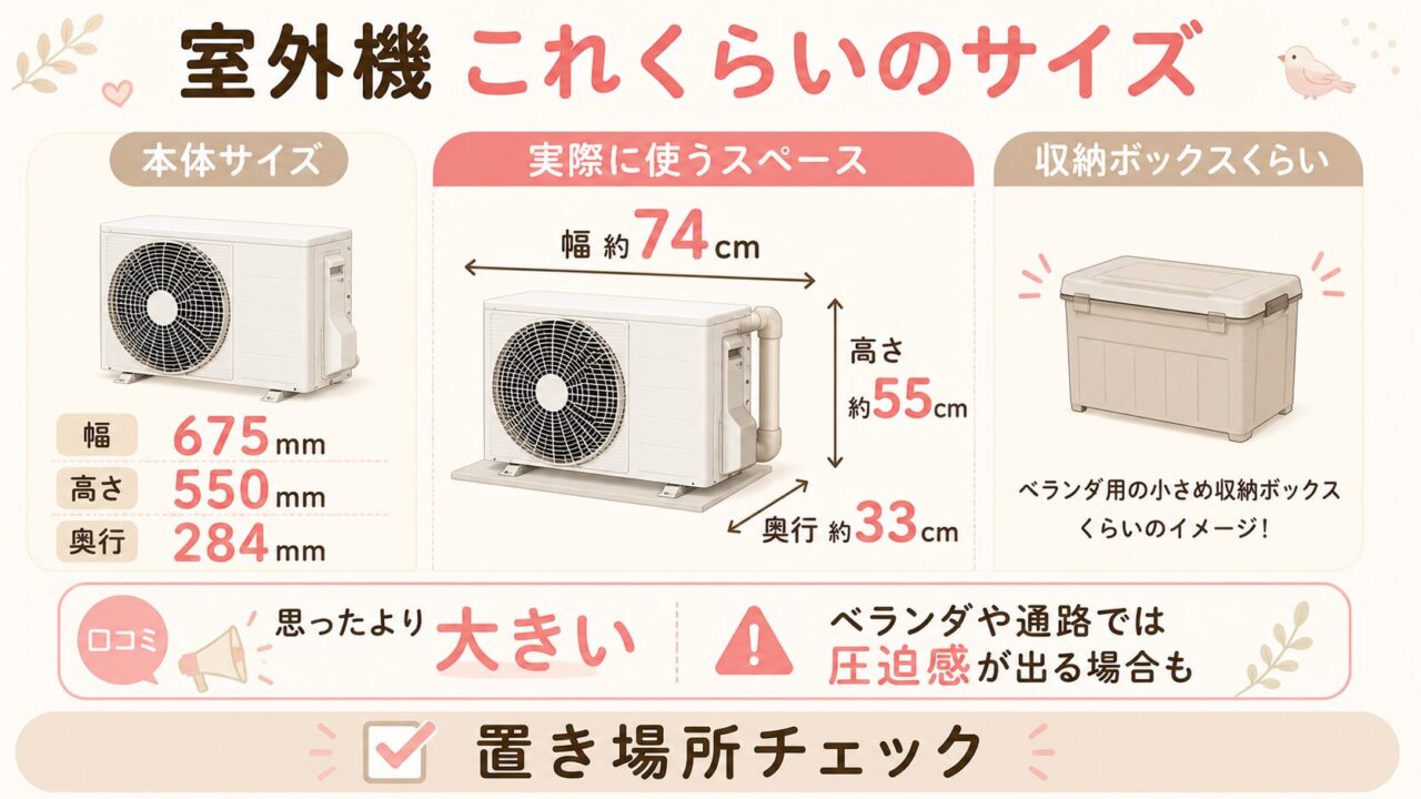 ダイキンのエアコンS225ATES-Wの室外機サイズは、幅675（+65）×高さ550×奥行284（+42）mm