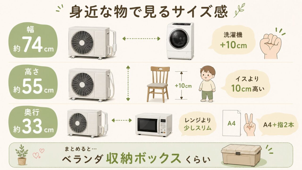 ダイキンのエアコンS225ATES-Wの室外機サイズは、幅675（+65）×高さ550×奥行284（+42）mmを身近なもので例えると。