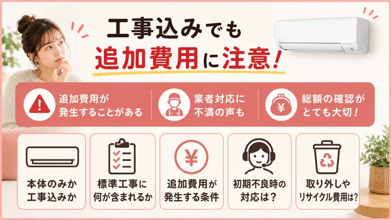 エオリアCS-225DFL-Wの悪い口コミ・評判レビュー:工事込み購入で追加費用や業者対応に不満がある