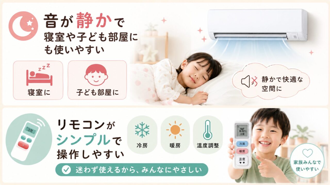 エオリアのエアコンCS-225DFL-Wの良い口コミ・評判レビュー:音が静かで寝室や子ども部屋にも使いやすい