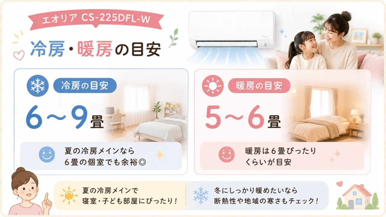 CS-225DFL-W:冷房は6〜9畳、暖房は5〜6畳が目安