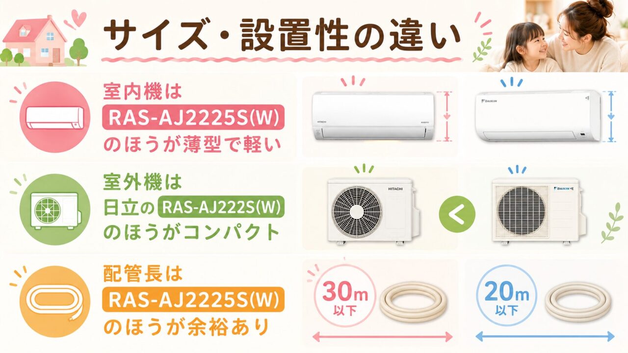 日立RAS-AJ2225S(W)とダイキンS225ATES-Wのサイズ・設置性の違い