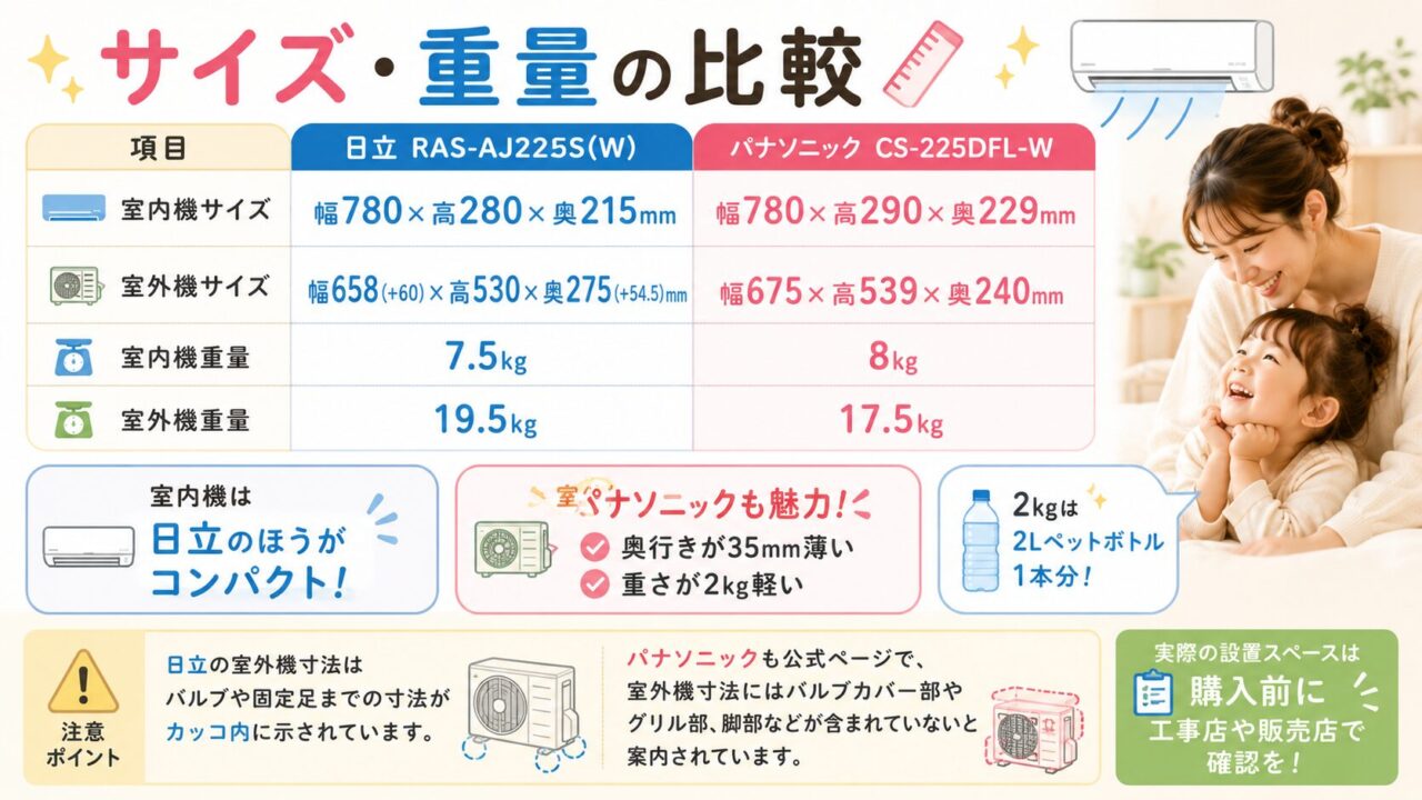 日立RAS-AJ2225Sのコンパクトなサイズを比較