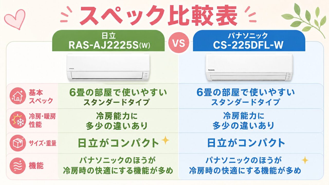 日立RAS-AJ2225SとパナソニックCS-225DFL-Wのスペック比較表イメージ
