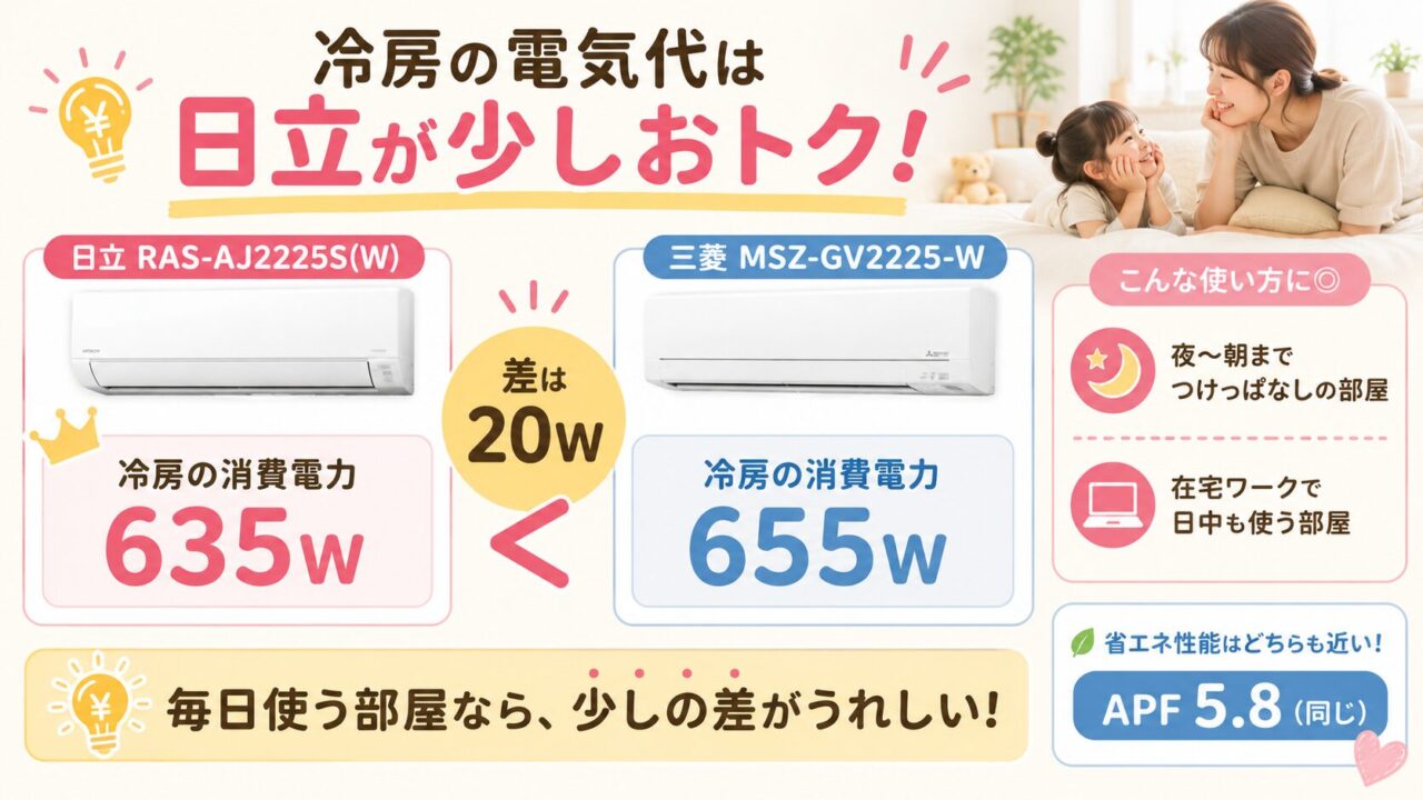 日立 RAS-AJ2225S(W)と三菱 MSZ-GV2225-Wの冷房消費電力比較