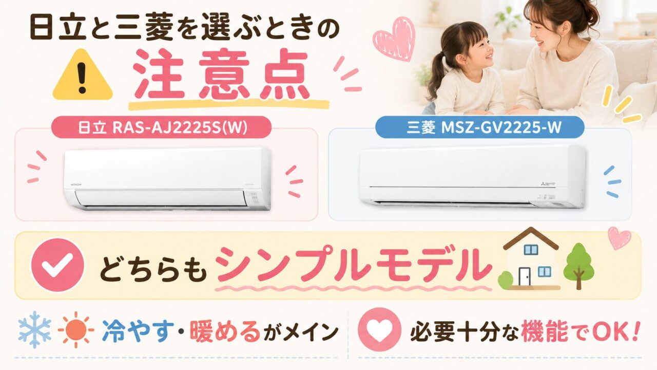 シンプルモデルとして比較する日立 RAS-AJ2225S(W)と三菱 MSZ-GV2225-W
