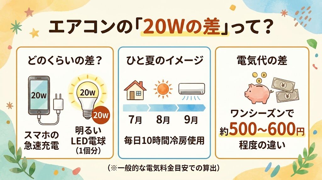 エアコンの20Wの差のイメージ図
